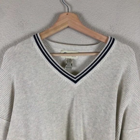 EDDIE Bauer Sweater Cream Knit Varsity Stripe V Pullover Casual Sz X Large Tall - Picture 3 of 13